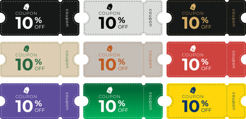 Collection of colorful 10% discount coupon tickets in various styles. Ideal for sales, promotions, marketing materials, ecommerce, stores, and advertising campaigns.