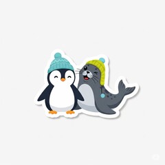 Obraz premium Adorable Cartoon Penguin and Seal Wearing Winter Hats