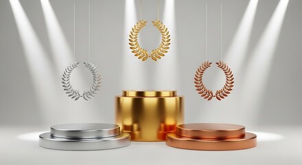 Gold silver and bronze podiums with laurel wreaths under spotlights