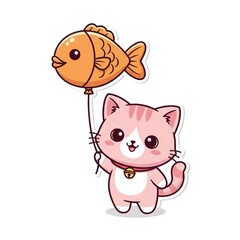 Adorable Pink Cartoon Cat with Goldfish Balloon