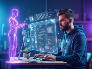 A hyper-realistic depiction of a professional software developer immersed in a high-tech lab, coding on a futuristic interface with holographic elements.