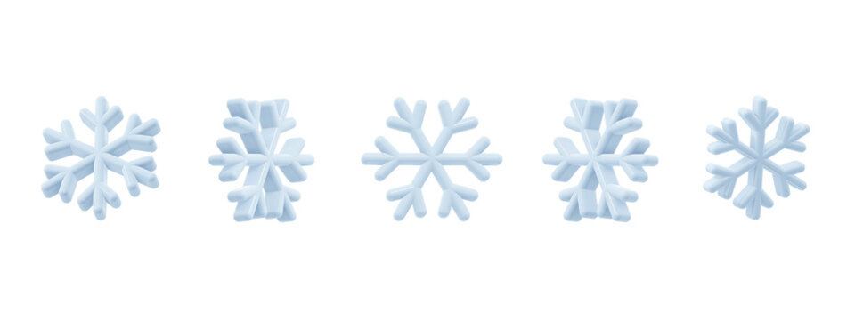 This set features five unique 3D snowflake vector icons shown from different angles. Modern soft shading and cartoon plastic look for winter-themed designs. High resolution and multiple perspectives.