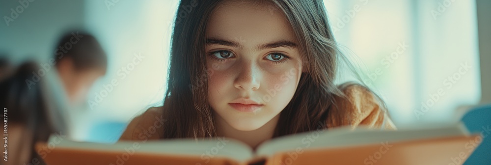 Poster portrait of a concentrated elementary school student reading a book in a classroom, surrounded by he