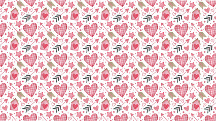 Seamless pattern with pink hearts stars arrows and houses on a white background for valentine's day