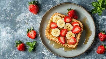 Toast with sliced strawberries, bananas, and syrup on a grey plate. Use this for blog posts about breakfast or healthy eating guides.