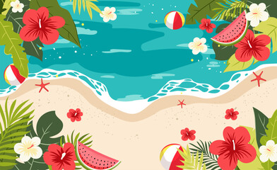 Bright summer sale banner with tropical flowers, beach, sea waves, watermelon and leaves. Vector design 