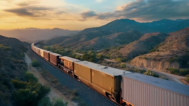 freight train transporting containers through a mountain valley