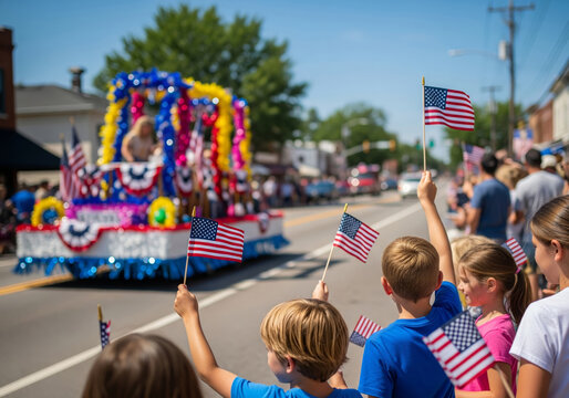 A classic American 4th of July parade takes place on the main street of a small town. A crowd of spectators, including children, joyfully waves American flags as a patriotic float passes by. 