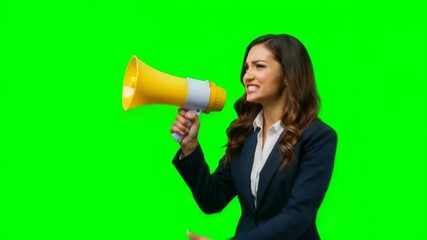 Businesswoman holding megaphone and shouting, green screen background - Powered by Adobe