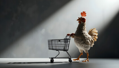 Adorable Hamster Shopper in Stylish Sunglasses Pushing a Tiny Shopping Cart Filled with Colorful Bags on a Light Blue Background.	