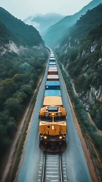 freight train transporting containers through a mountain valley