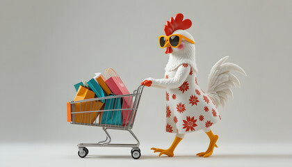 Adorable Hen Shopper in Stylish Sunglasses Pushing a Tiny Shopping Cart Filled with Colorful Bags on a Light Grey Background.	