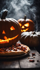 Halloween themed pizza on wooden table with Jack O Lantern pumpkin heads