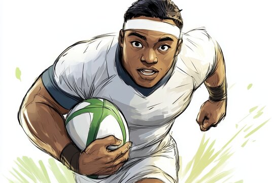 Determined Rugby Player Running with Ball Close Up Illustration