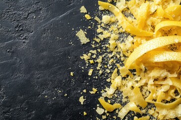 Lemon zest curls and shavings border dark stone with copy space. Use this bright image to convey freshness, flavor, and cooking.