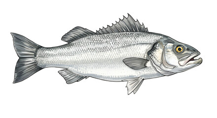 Detailed Illustration of a Sea Bass Fish watercolor png, transparent isolated nackground