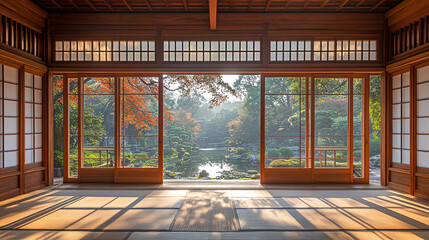 Serene garden view traditional japanese house interior photography tranquil environment natural light zen concept