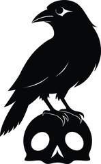 dead skull with a standing raven or standing crow and crow on a branch silhouette vector illustration icon graphic design for Halloween and logotype.