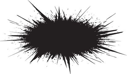 A dynamic black ink splash with sharp spiky edges and scattered droplets creating an explosive abstract design on a white background