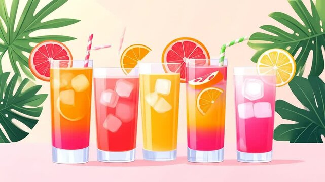 Fresh Fruit Refreshments Vibrant Illustration with Tropical Flair and Zesty Flavors