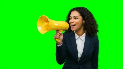 Businesswoman holding megaphone and shouting, green screen background - Powered by Adobe