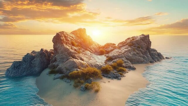 Serene Sunset Over Rocky Island Surrounded by Calm Waters with Lush Vegetation