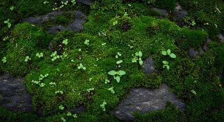Stone Wall Covered in Lush Green Moss
