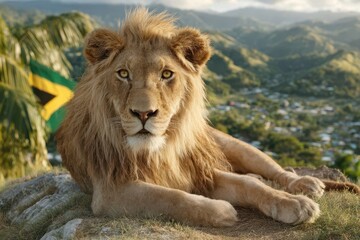 Obraz premium Majestic lion with a flowing mane banner