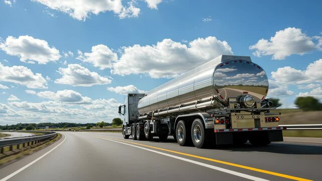 Long-haul tanker truck driving along a scenic highway under a blue sky filled with clouds in the countryside