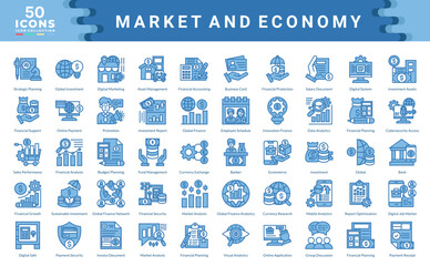 Market And Economy icon collection. Simple blue vector illustration.