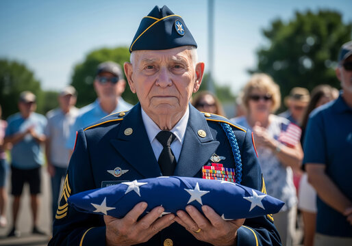 A solemn portrait of a senior US Army veteran in his dress uniform, holding a ceremonially folded American flag close to his chest.