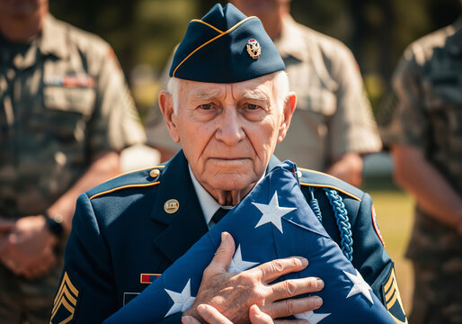 A solemn portrait of a senior US Army veteran in his dress uniform, holding a ceremonially folded American flag close to his chest. - Powered by Adobe