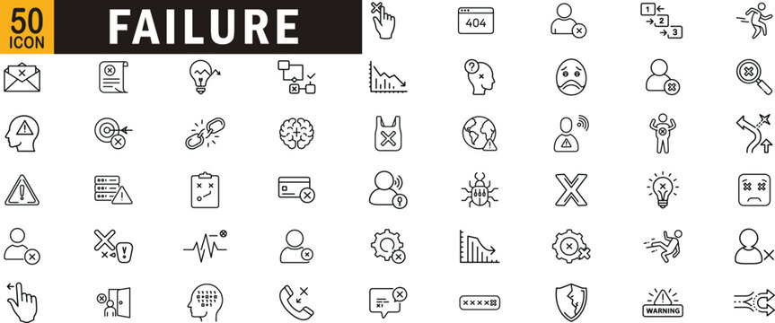 Failure editable outline icon set. Error, warning, broken link, rejected user, bug and more.
