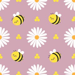 Cute bees, daisies, and honeycomb on a pastel pink background. Adorable spring pattern perfect for kids, nursery, and fabric design.