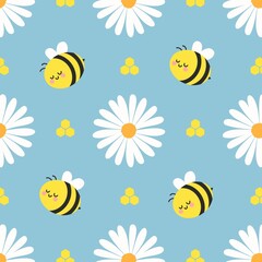 Cute bees, daisies, and honeycomb on a pastel blue background. Adorable spring pattern perfect for kids, nursery, and fabric design.