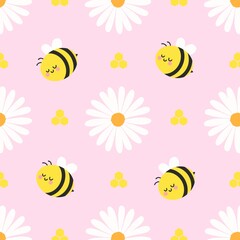 Cute bees, daisies, and honeycomb on a pastel pink background. Adorable spring pattern perfect for kids, nursery, and fabric design.