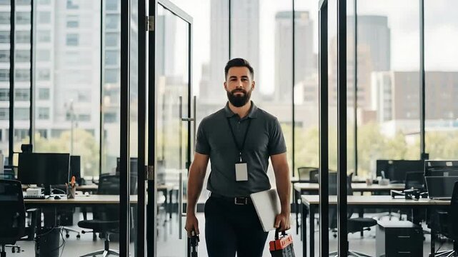 Bearded Professional Arriving at Office with Laptop and Toolbox, Wearing ID Badge, Modern Glass Workspace, Urban Environment