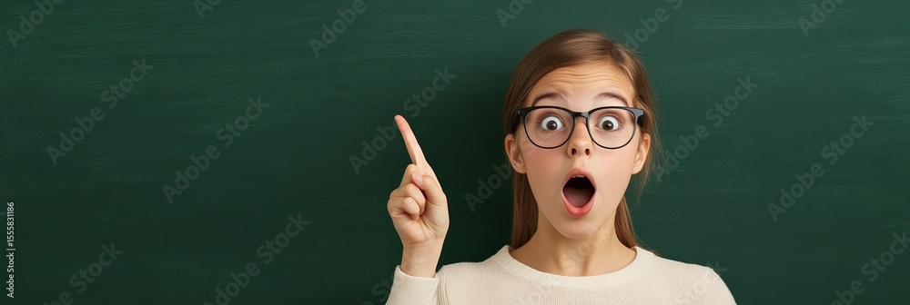 Aufkleber Smart student wearing eyeglasses pointing index finger up at empty blackboard with surprised face expression having idea during lesson in school
