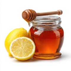 A honey jar with wooden dipper, next to lemon slices, isolated on white background.