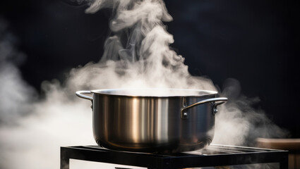 Steam Rising from a Stainless Steel Pot on Outdoor Stove