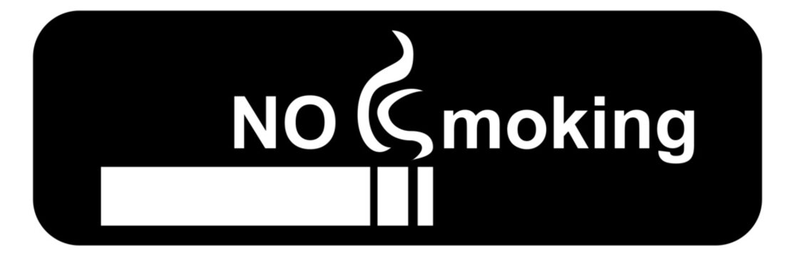 Sleek black sign featuring white NO Smoking text with a stylized cigarette and smoke. This modern graphic is ideal for indicating smoke free zones in contemporary public and private environments