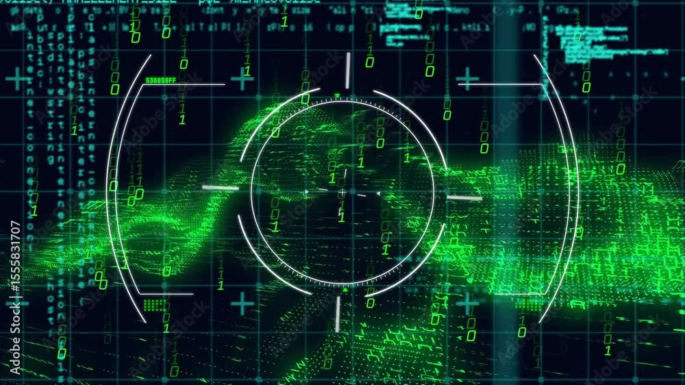 Aufkleber on startup hud rings materializing rotating while green binary wave and code animate data interface