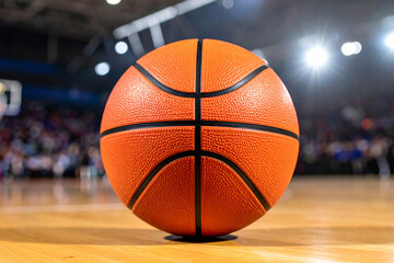 Close-up shot of a basketball on a shiny wooden court in a competition area.