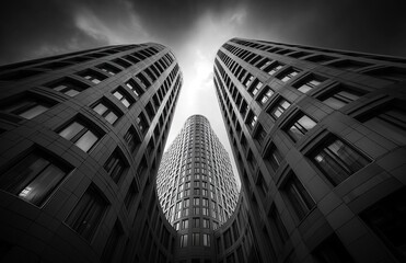 A black and white photograph of two curved symmetrical skyscrapers with sharp lines captured from a low angle, showcasing dramatic lighting and a cloudy sky in a modern urban architectural cityscape