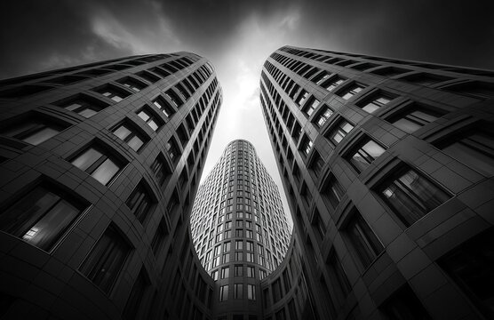 A black and white photograph of two curved symmetrical skyscrapers with sharp lines captured from a low angle, showcasing dramatic lighting and a cloudy sky in a modern urban architectural cityscape - Powered by Adobe