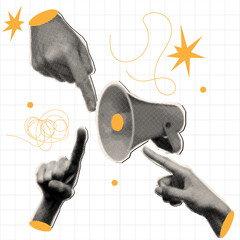 Trendy halftone collage human hands pointing at megaphone with yellow scribbles