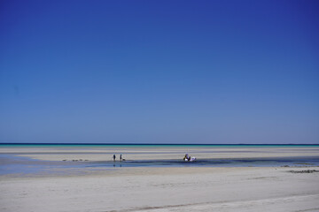 kids playing on the sand at the beach with a big blowup toy