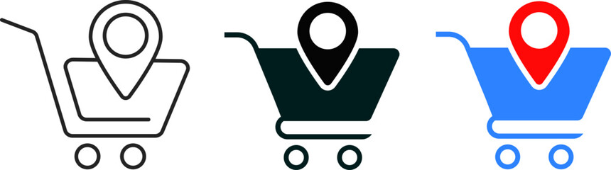 store location icon set. pin icon with cart and path. retail activities settings. concept of e commerce map pin shop address
