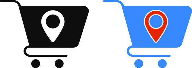 store location icon set. pin icon with cart and path. retail activities settings. concept of e commerce map pin shop address
