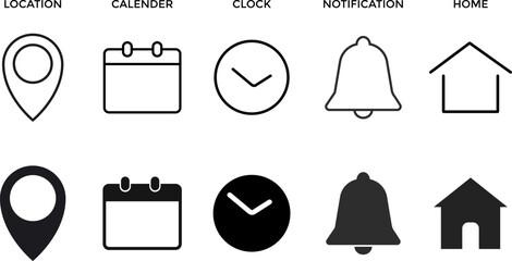 Location, Date, time, notification, address icon set. pin map location. Address icons